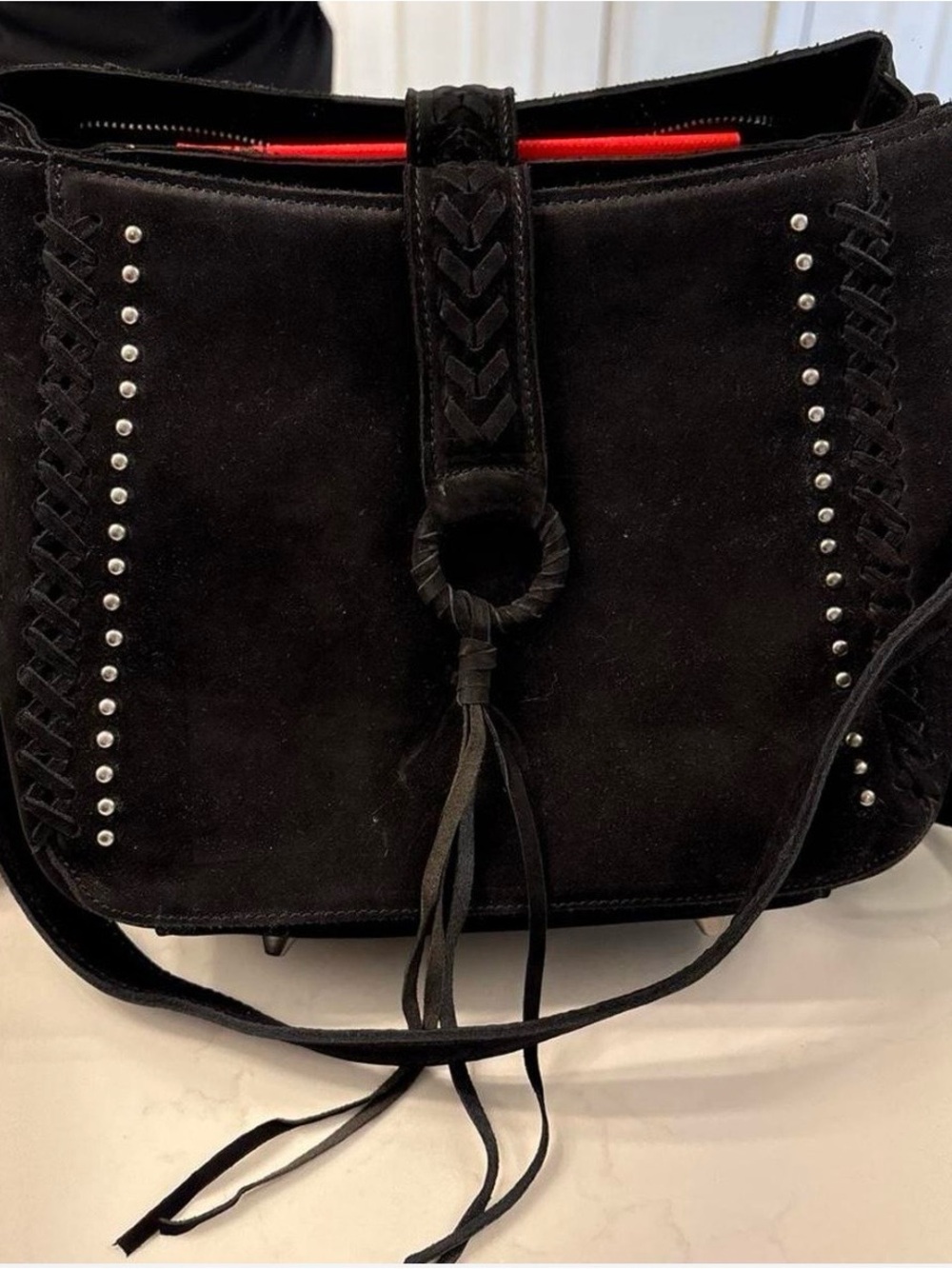 Montana West Black Suede Studded Crossbody Bag with Tassel